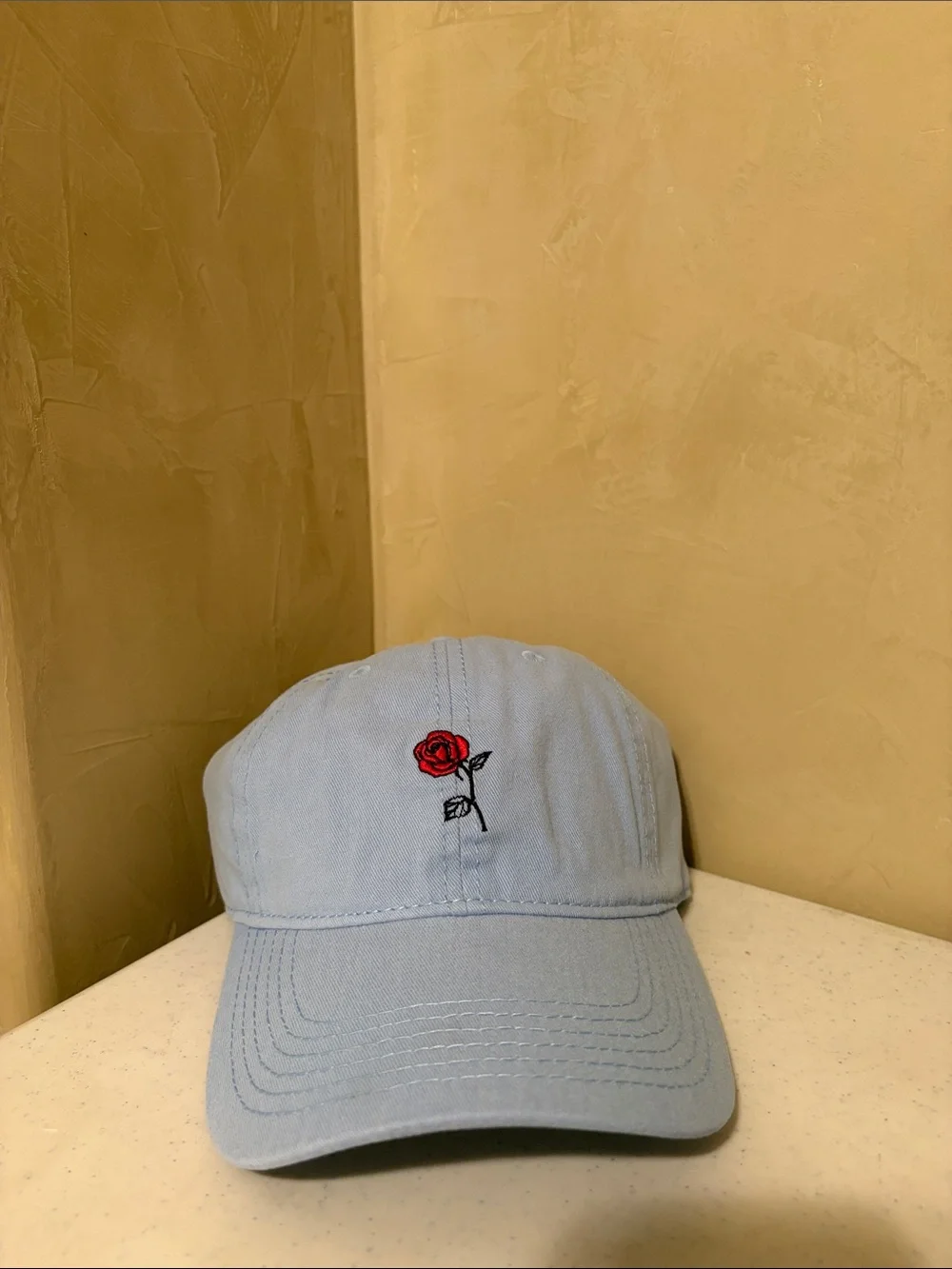 Disney Light Blue Baseball Cap with Red Rose and “I ONLY DATE BEASTS” Embroidery